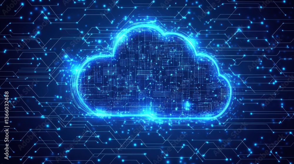 Aufkleber digital cloud network: bright blue connectivity & data flow for technology and computing.