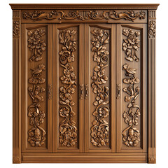 Closet with brown wood and intricate floral designs.