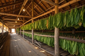Fototapeta premium Tobacco Leaves Drying in a Rustic Barn Setting Generative AI