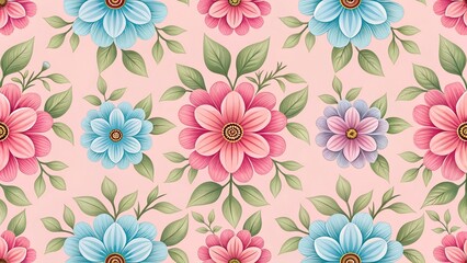 colorful floral pattern with blue, pink, and purple flowers surrounded by green leaves on a light pink background for fabric, wallpaper, gift packaging, and decorative design projects
