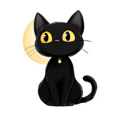 Obraz premium Cute Black Cat with Yellow Eyes Sitting in Front of a Yellow Crescent Moon.