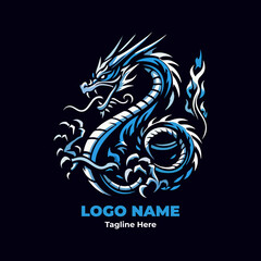 Abstract tribal dragon illustration with curved dynamic shapes and blue flame effects ideal for fantasy art tattoo designs digital decorations graphic branding and powerful mythical creature depiction