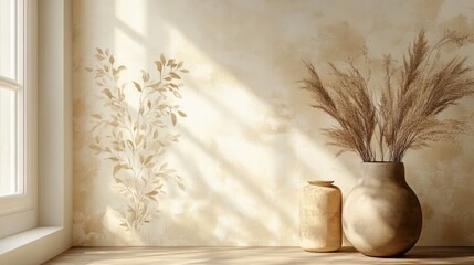 A wallpaper with a delicate gold leaf design against a soft neutral background, giving a sophisticated and timeless feel to a room