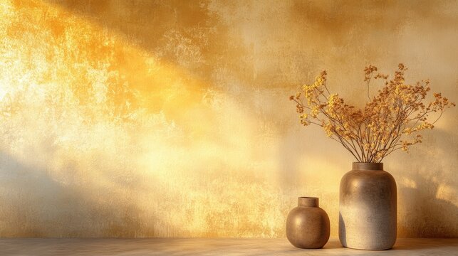 Fototapeta A wallpaper with a gradient gold effect, from rich amber tones fading into soft beige, adding warmth and glamour to an interior space