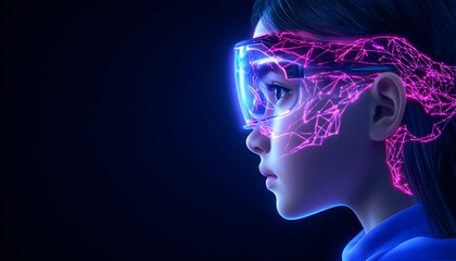 Obraz premium Girl wears VR headset with glowing pink digital design