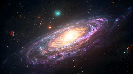 Obraz premium Spiral Galaxy In Space With Numerous Stars And Nebula With Dark Background