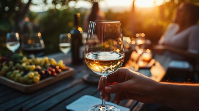 A wine glass held in hand at a gathering outdoors