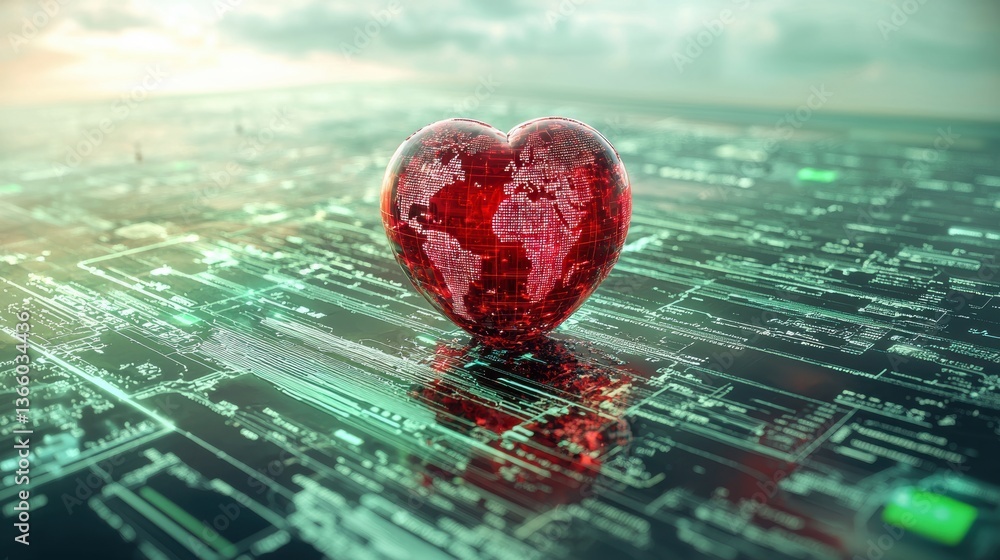 Poster data analytics insights concept. technological heart monitoring system in a futuristic cityscape