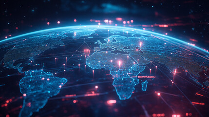 Fototapeta premium Stylized digital globe, glowing blue and red nodes, illustrating global network connections, symbolizing digital communication, worldwide connectivity and data flow
