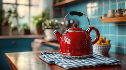 A checkered kitchen cloth perfectly placed with a glossy red stovetop kettle, adding a classic curved spout and a pop of color to the kitchen setting.