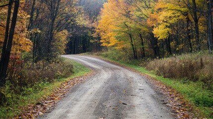 Obraz premium Autumnal dirt road winding through colorful forest.