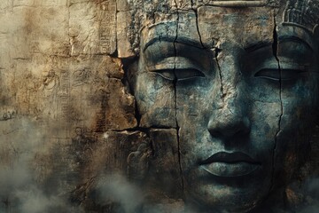 Ancient stone face surrounded by engraved hieroglyphs and mist in a lost civilization