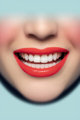 Obraz premium Radiant Smiling Woman with Bold Red Lips against Soft Blue Background Exuding Joy and Confidence