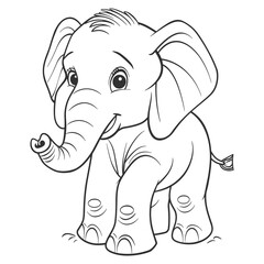 Cute Cartoon Elephant - Black and White Line Art