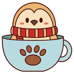 Cartoon Penguin in Blue Mug with Paw Print and Red Scarf on White