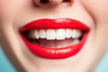 Obraz premium Bright and Cheerful Close-Up of a Woman's Smile with Bold Red Lipstick on Soft Aqua Background