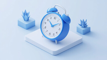 A sleek blue alarm clock stands on a white platform, surrounded by pastel-blue decorative plants, embodying a clean, modern aesthetic.