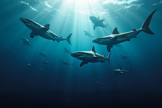  A large group of sharks swims together in the deep ocean, illuminated by piercing rays of light from the surface. Generative AI