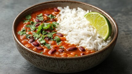 A bowl of hearty Indian rajma accompanied by fluffy basmati rice and a wedge of lime, showcasing the vibrant red curry against a simple background with room for descriptive text.