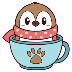 Cute Penguin with Scarf Sitting in Blue Cup with Paw Print