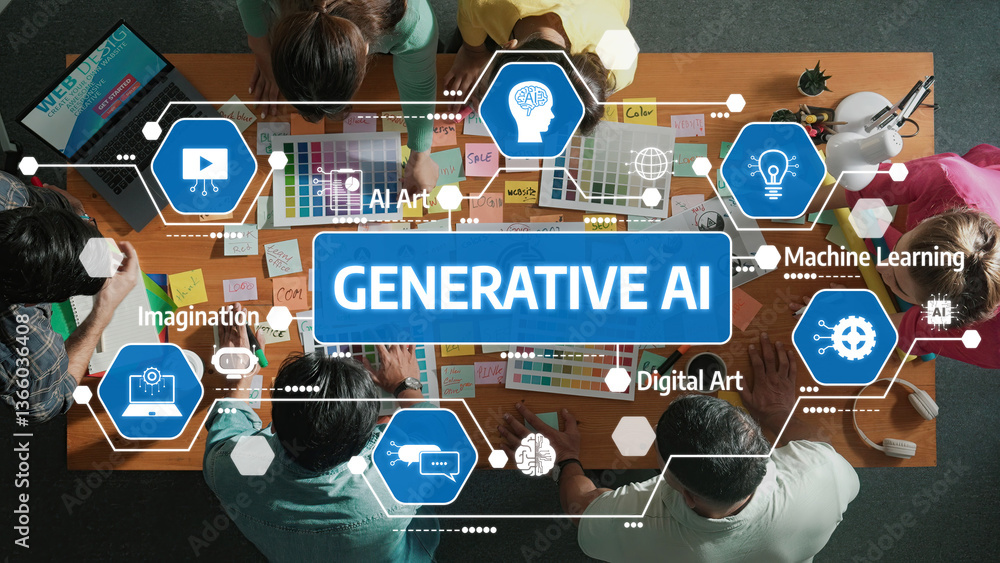 Poster a diverse group collaborates on generative ai concepts, showcasing a creative design workshop filled