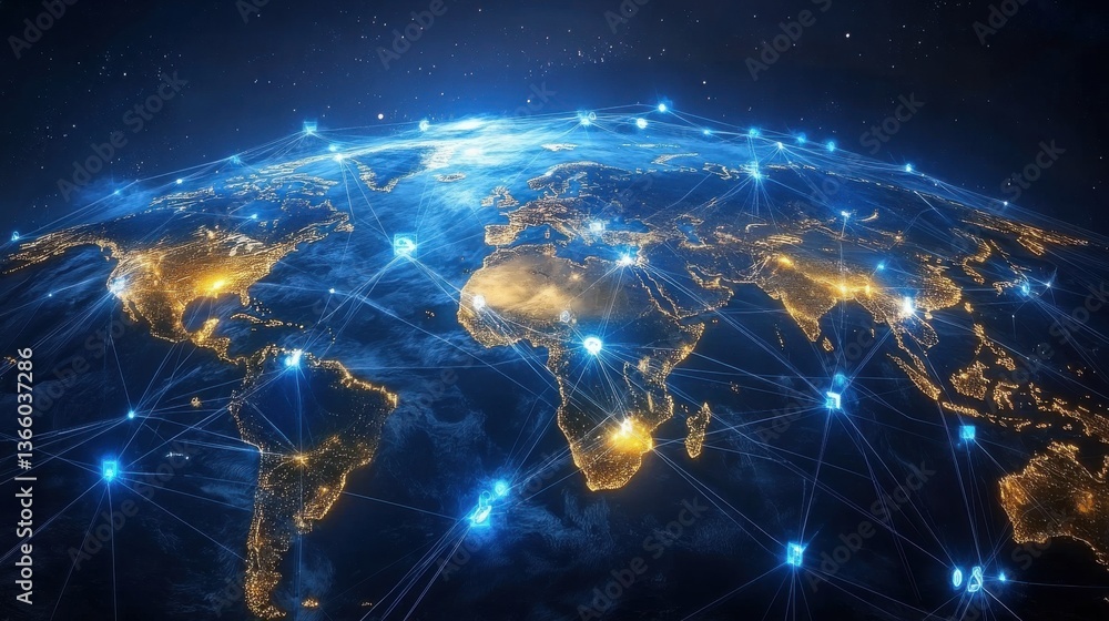 Poster global network visualization: earth illuminated by connection & data transmission, future tech