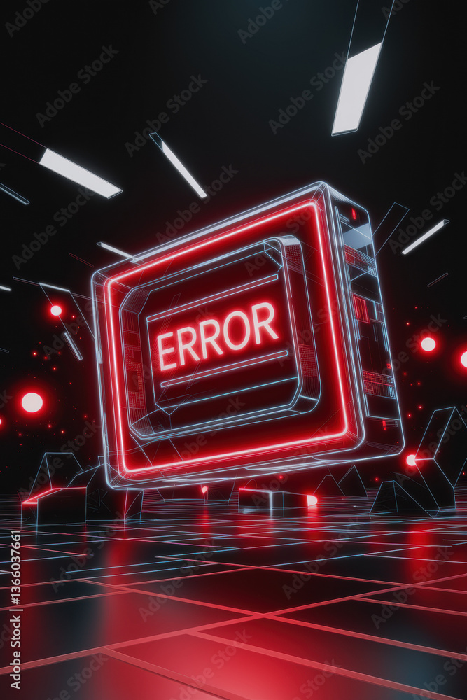 Poster futuristic error message glowing in bright red neon against a dark tech background