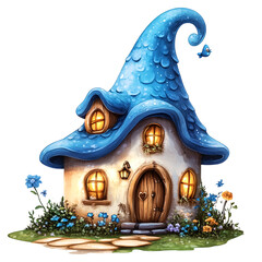 Fototapeta premium A whimsical illustration of a small blue mushroom house with a curved roof and heart-shaped door handle.