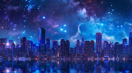 A dreamy sci-fi cityscape illuminated in blue, with a massive planet and galaxy in the background. 