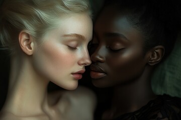 Two women with contrasting skin tones share an intimate moment, eyes closed, showcasing beauty and unity in a serene setting