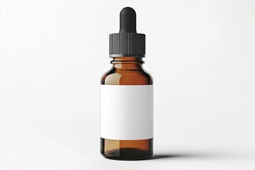 Brown glass dropper bottle with blank label on white background, ideal for oils, serums or tinctures in a minimalistic setting
