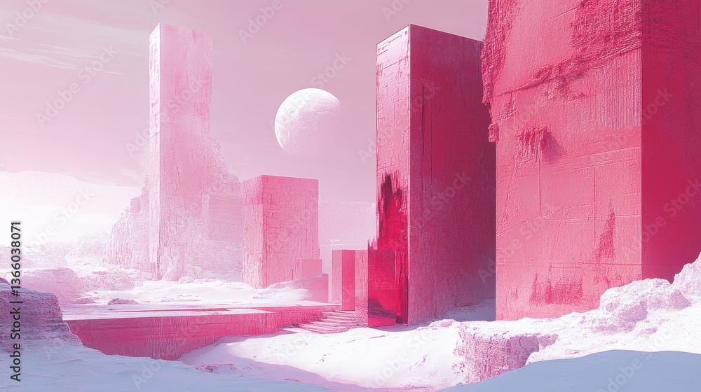 Poster rose-tinted future: monolithic structures under a celestial gaze