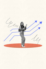 Creative poster collage of young girl feel happy hold gadget on pastel background with arrows graphs