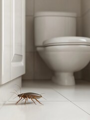 Cockroach crawling across a bathroom floor near a toilet in a residential setting during daylight hours
