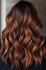 Fototapeta premium Long wavy hair with chestnut and caramel highlights styled beautifully indoors in natural light, showcasing a vibrant color blend and texture