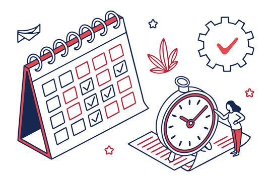 89 Calendar icon, clock icon, time management, schedule planning, appointment reminder, red and blue color scheme, flat design, minimalist illustration, vector graphics, digital planner, time tracking