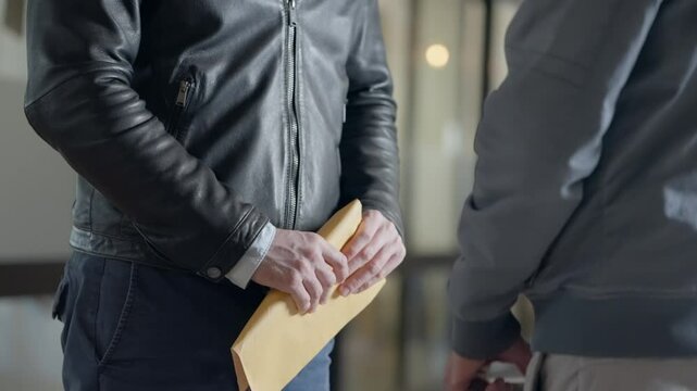 Shady business transaction in office. Two men exchange briefcase with envelope of money and shake hands. Corruption or conspiracy fraud. Payoff for criminal activity or bribe in corporate setting