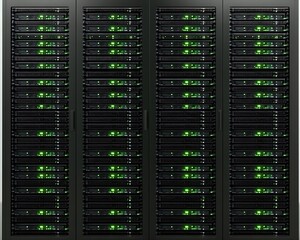 Four dark server racks with green lights showing activity