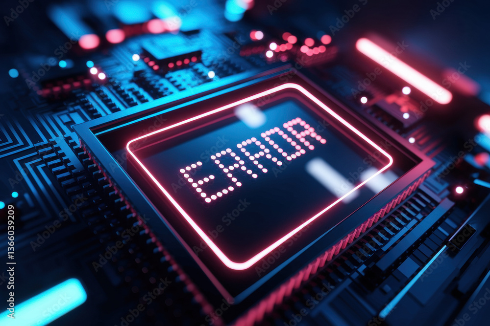 Poster futuristic tech glitch with red and blue neon lights displaying 'error' message on circuit board