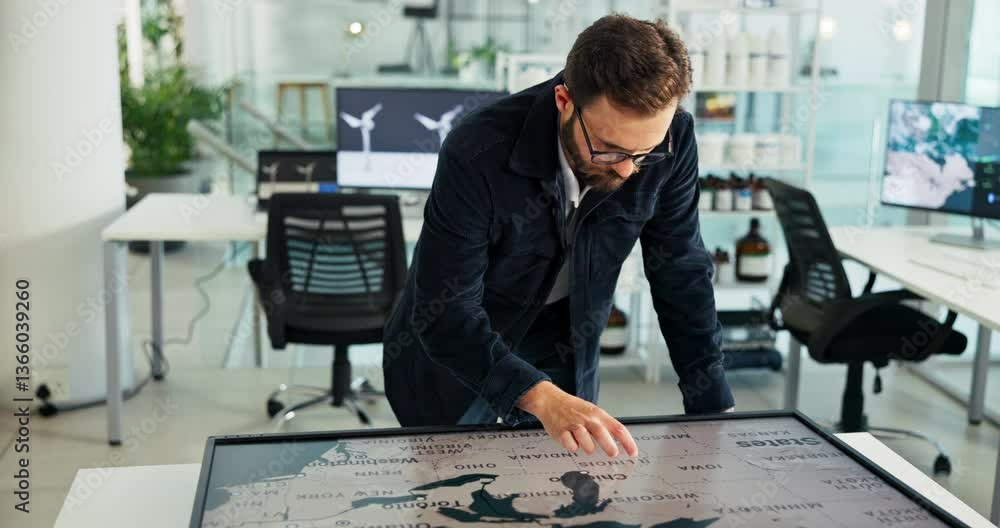 Poster business, man and interactive display with map in office of global selection, location and wind turb