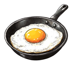 An illustration of an egg that is fried sunny side up in a frying pan.