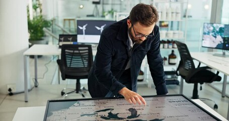 Business, man and interactive display with map in office of global selection, location and wind turbine project. Person, worldwide screen and sustainable planning, windmill production and site choice - Powered by Adobe