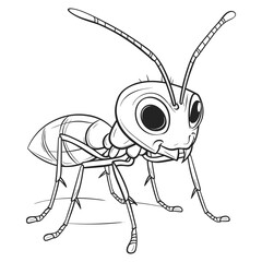 Cute Cartoon Ant with Big Eyes - Black and White Vector Illustration