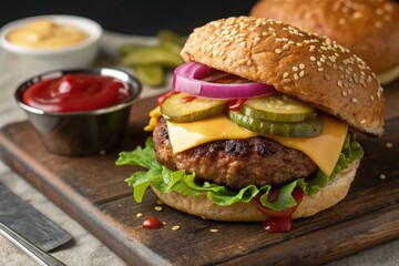 Juicy Cheeseburger With Fresh Toppings at a Dinner Table Generative AI