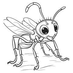 Cute Cartoon Ant with Big Eyes - Black and White Vector Illustration