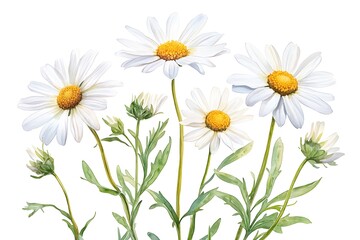 Watercolor Botanical Illustration – Realistic Daisies with White Petals & Yellow Centers