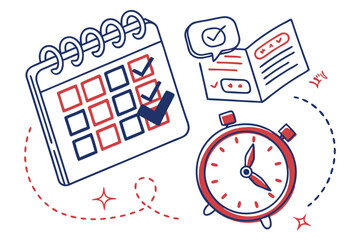 89 Calendar icon, clock icon, time management, schedule planning, appointment reminder, red and blue color scheme, flat design, minimalist illustration, vector graphics, digital planner, time tracking