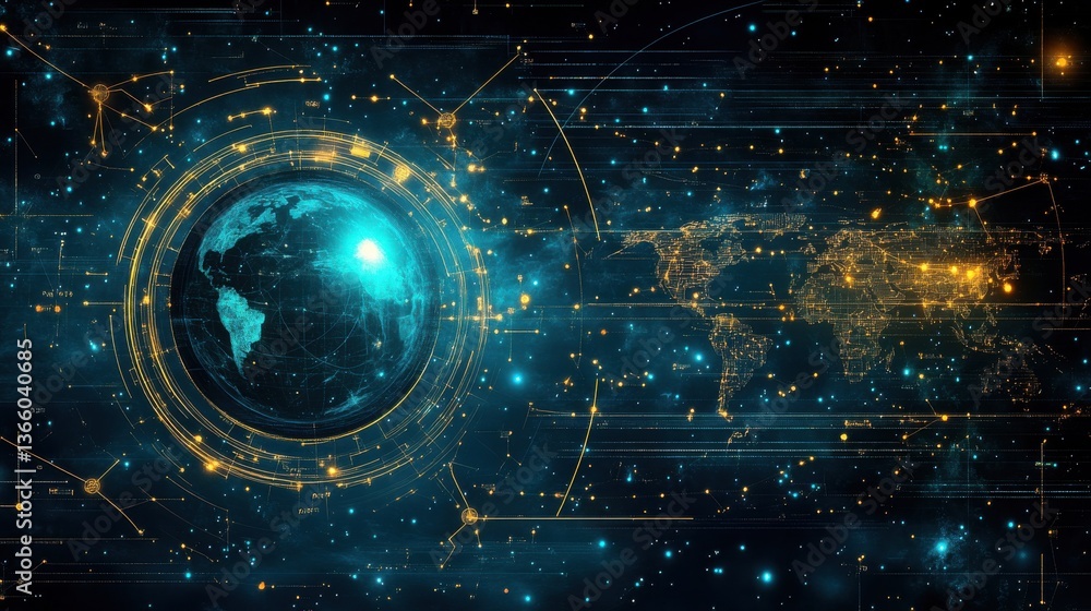 Aufkleber global network data visualization: connected world in cyberspace and future technology