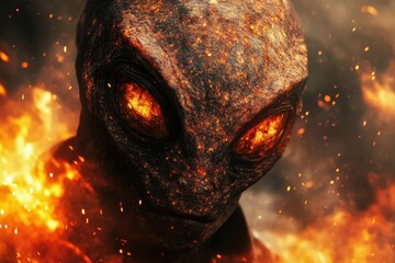 Alien creature emerges from flames with glowing eyes in a dramatic setting
