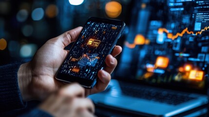 Person Analyzing Data on Smartphone with Laptop in Background